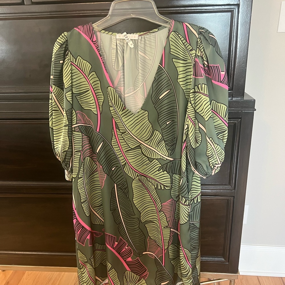 Karlie Olive Green Leaf Print Dress with Pink Accents